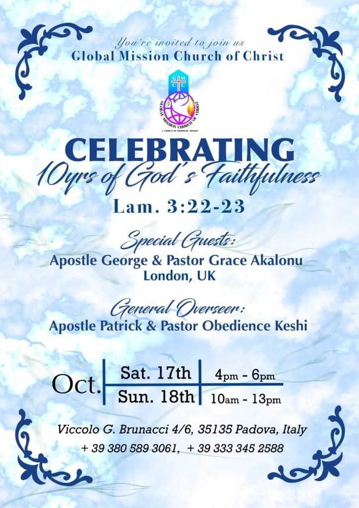 Event flyer: 10 years celebrating God's faithfulness at Global Mission Church of Christ in Padova, October 17–18